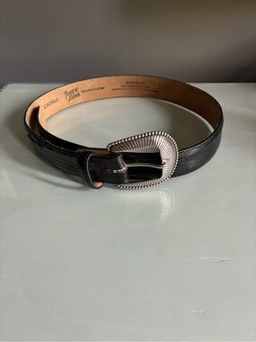 Tony Lama Black Leather Belt with Decorative Silver Buckle